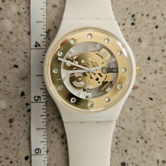 Swatch White Silicone Watch with Gold Transparent Dial and Swarovski Crystals - Picture 5 of 11
